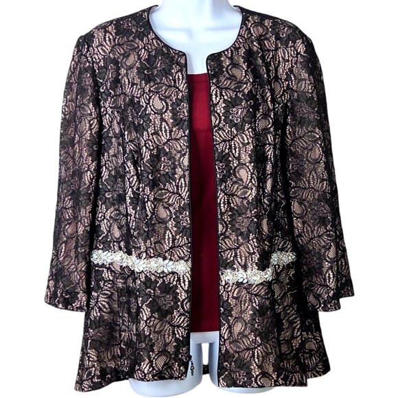 Alex Evenings Womens 1X Black Lace Jacket w Beige Lining and Iridescent Beading - Picture 8 of 10